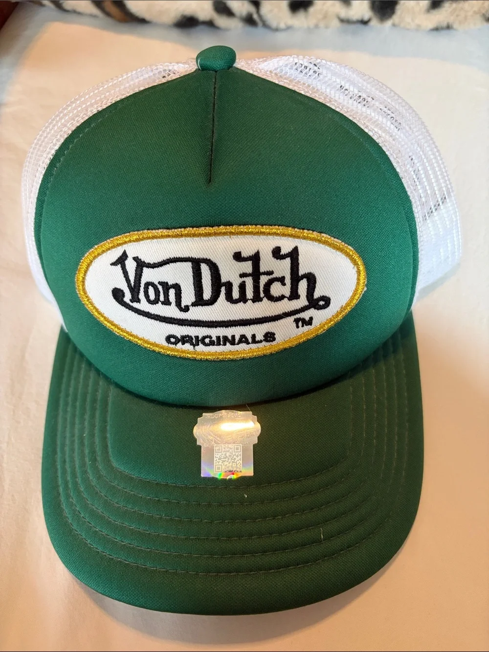 Von Dutch Green & White Mesh Trucker Cap with Gold Trim Patch